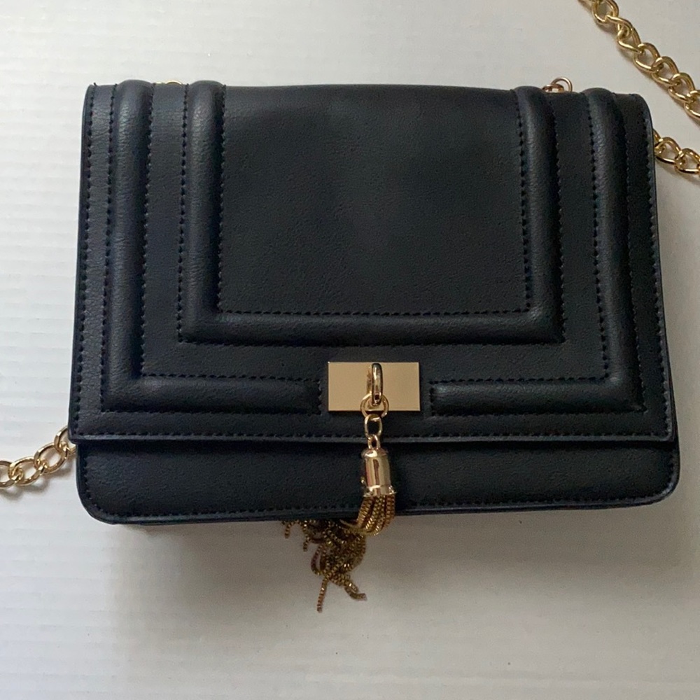 Melie Bianco Black Quilted Crossbody Bag with Gold Chain